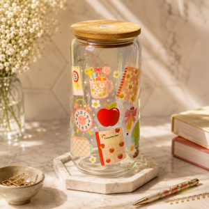 School Inspired Cup With Bamboo Lid & Glass Straw