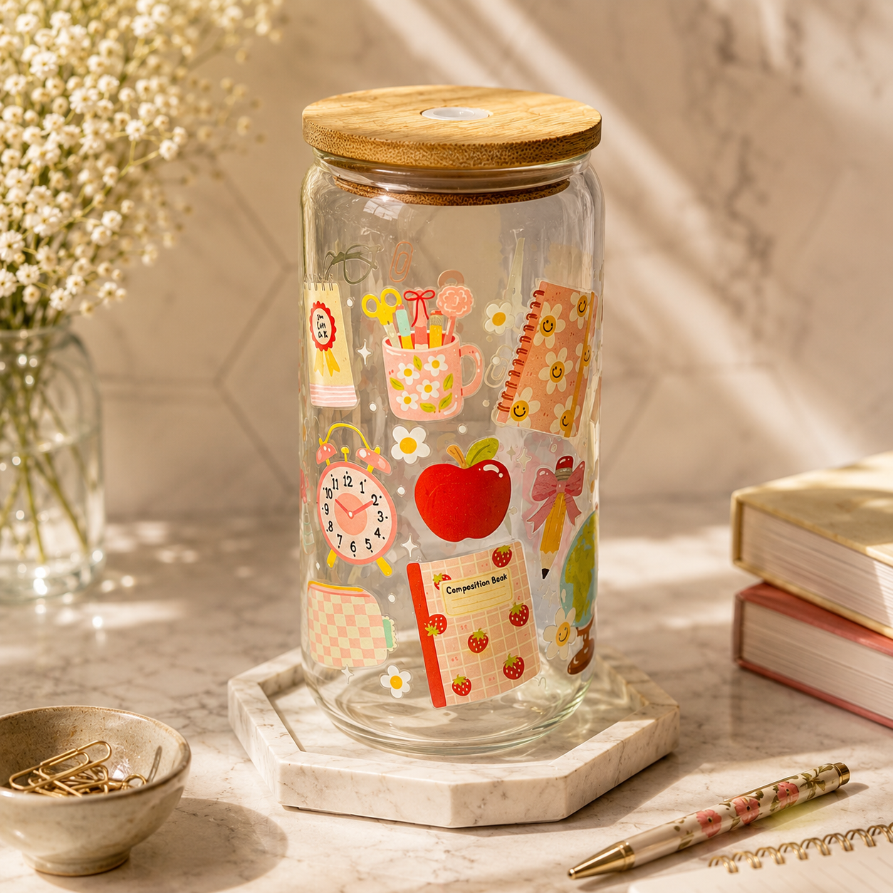 School Inspired Cup With Bamboo Lid & Glass Straw
